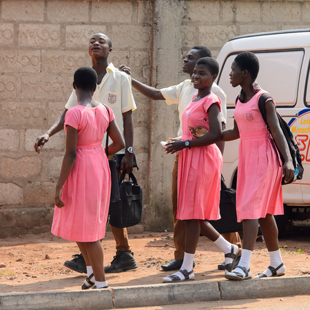 CENTRAL REGION, GHANA - Jan 17, 2017: Unidentified Ghanaian pupils in school uniform in local village. Children of Ghana suffer of poverty due to the bad economyのeditorial素材