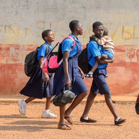 CENTRAL REGION, GHANA - Jan 17, 2017: Unidentified Ghanaian pupils in school uniform in local village. Children of Ghana suffer of poverty due to the bad economyのeditorial素材