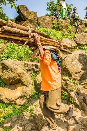 OMO, ETHIOPIA - SEPTEMBER 19, 2011: Unidentified Ethiopian man carries wood. People in Ethiopia suffer of poverty due to the unstable situationのeditorial素材
