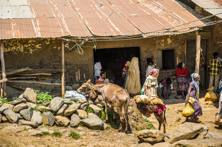 OMO, ETHIOPIA - SEPTEMBER 19, 2011: Unidentified Ethiopian people and donkeys in the street. People in Ethiopia suffer of poverty due to the unstable situationのeditorial素材