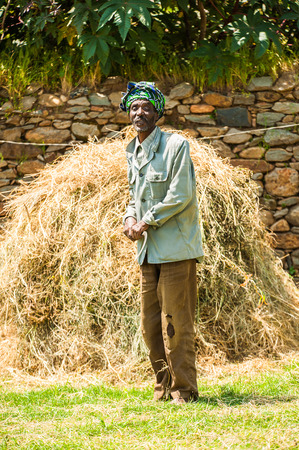 AKSUM, ETHIOPIA - SEPTEMBER 24, 2011: Unidentified Ethiopian man with a plow near the hay. People in Ethiopia suffer of poverty due to the unstable situationのeditorial素材