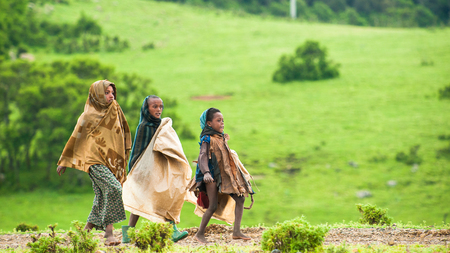 AKSUM, ETHIOPIA - SEPTEMBER 22, 2011: Unidentified Ethiopian children walk with the natural...
