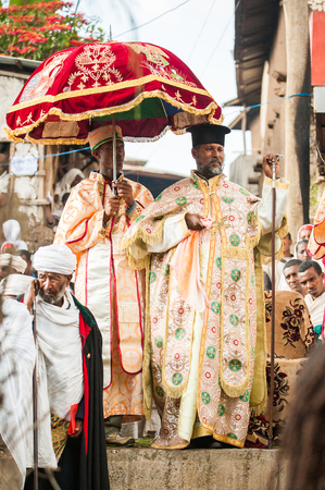 LALIBELA, ETHIOPIA - SEP 27, 2011: Unidentified Ethiopian religious people during the Meskel...