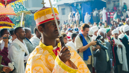 LALIBELA, ETHIOPIA - SEP 27, 2011:  Unidentified Ethiopian religious man during  the Meskel festival...