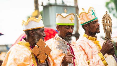 LALIBELA, ETHIOPIA - SEP 27, 2011: Unidentified Ethiopian religious people during the Meskel festival in Ehtiopia, Sep 27, 2011. Meskel commemorates the finding of the True Crossのeditorial素材