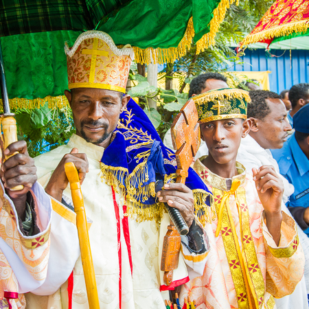 LALIBELA, ETHIOPIA - SEP 27, 2011:  Portrait of an unidentified Ethiopian man in a crown watching...