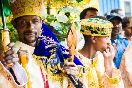 LALIBELA, ETHIOPIA - SEP 27, 2011:  Portrait of an unidentified Ethiopian man in a crown watching the Meskel festival performance in Ehtiopia, Sep 27, 2011. Meskel commemorates the finding of the True Crossのeditorial素材