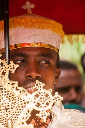 LALIBELA, ETHIOPIA - SEP 27, 2011:  Unidentified Ethiopian religious man portrait during the Meskel festival performance in Ehtiopia, Sep 27, 2011. Meskel commemorates the finding of the True Crossのeditorial素材