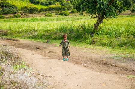 OMO, ETHIOPIA - SEPTEMBER 21, 2011: Unidentified Ethiopiatwo girl on the road. People in Ethiopia suffer of poverty due to the unstable situationのeditorial素材