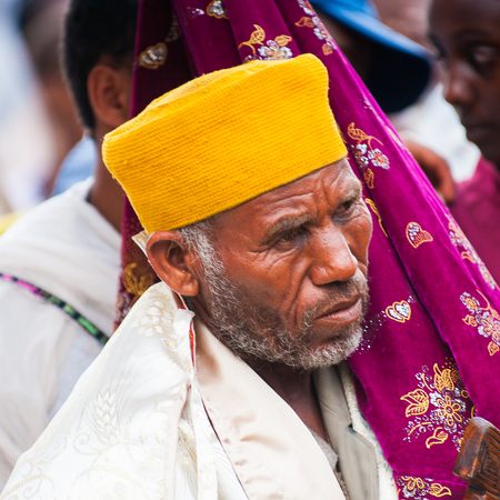 LALIBELA, ETHIOPIA - SEP 27, 2011: Unidentified Ethiopian spectator of the local festival Meskel in...