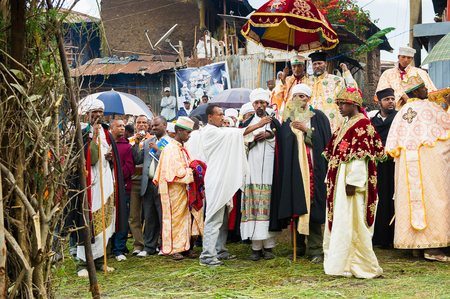 LALIBELA, ETHIOPIA - SEP 27, 2011: Unidentified Ethiopian group of people wathing the religious festival Meskel in Ehtiopia, Sep 27, 2011. Meskel commemorates the finding of the True Crossのeditorial素材