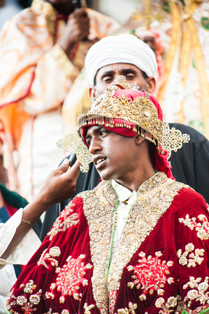 LALIBELA, ETHIOPIA - SEP 27, 2011: Unidentified Ethiopian religious man watching the Meskel festival performance in Ehtiopia, Sep 27, 2011. Meskel commemorates the finding of the True Crossのeditorial素材