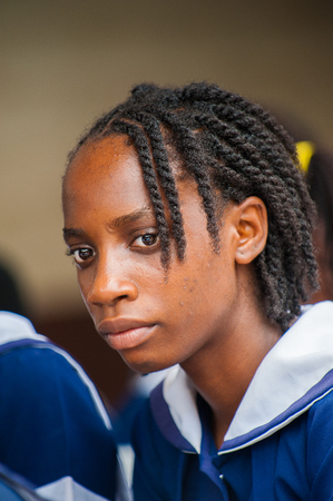 ACCRA, GHANA - MARCH 4, 2013: Unidetified student from one of the Ghanaian schools wearing special uniform in Ghana, Mar 4, 2013. This uniform is one of the ways of humanitarian help to Ghanaのeditorial素材