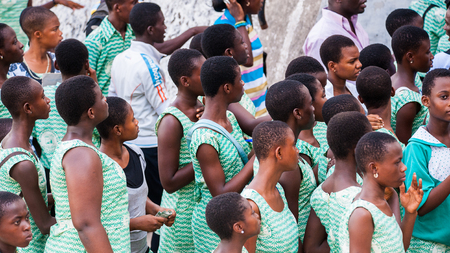 GHANA, ACCRA - MARCH 2, 2012: Group of students of the Saint Leo International School  came to see the Elmina Castle in Accra, Ghana, on March 2nd, 2012. Children from all faiths may study in the St Leo School.のeditorial素材