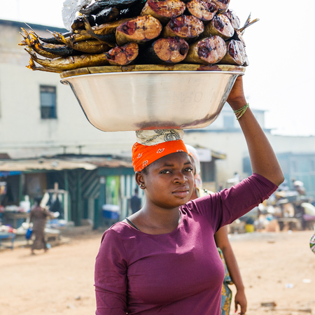 GHANA - MARCH 2, 2012: Unindentified Ghanaian woman carries the fish on her back to sell itin Ghana, on March 2nd, 2012. People in Ghana suffer from poverty due to the slow development of the countryのeditorial素材