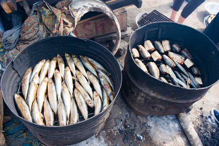 GHANA - MARCH 2, 2012: Fish market in Ghana, on March 2nd, 2012. People in Ghana suffer from poverty due to the slow development of the countryのeditorial素材
