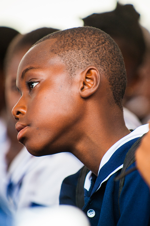 ACCRA, GHANA - MARCH 4, 2013: A student from one of the Ghanaian schools wearing special uniform in Ghana, Mar 4, 2013. This uniform is one of the ways of humanitarian help to Ghanaのeditorial素材
