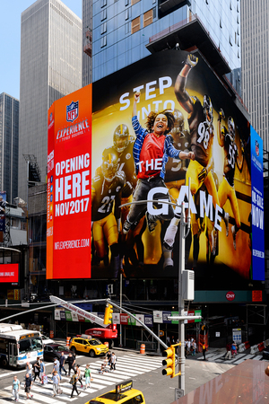 NEW YORK, USA - SEP 16, 2017: Promo boards of Times Square, Manhattan, New York City, United States of Americaのeditorial素材