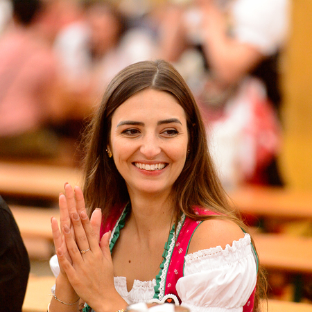 MUNICH, GERMANY - OCT 2, 2017: Unidentified beautiful girl in traditional Bavarian costume  at the Octoberfest,  the world's largest festivalのeditorial素材