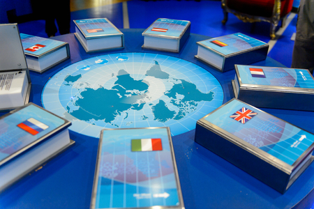 VIENNA, AUSTRIA - OCT 4, 2017: Books with different countries flags at the Madame Tussauds wax museum in Vienna.のeditorial素材