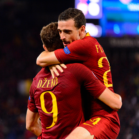 ROME - OCT 23, 2018:  Edin Dzeko celebratates the goal with Florenzi. AS Roma - CSKA Moscow. UEFA Champions league. Matchday 4. Stadio Olimpicoのeditorial素材