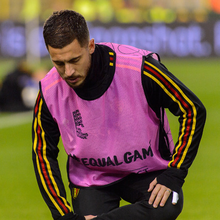 BRUSSELS - NOV 15, 2018: Eden Hazard 10 close up portrait.  Belgium - Iceland. UEFA Nations League.のeditorial素材