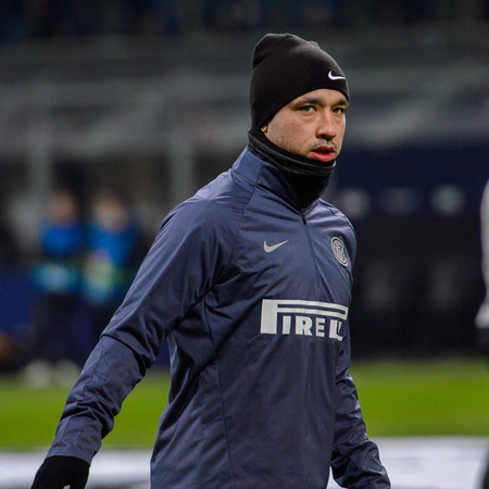 MILAN - DEC 11, 2018: Radja Nainggolan 14 warms up portrait. FC Internazionale - PSV Eindhoven. UEFA...