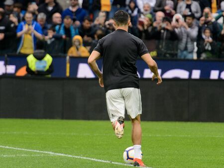 UDINE, ITALY - OCT 6, 2018: Cristiano Ronaldo controls the ball. Warming up. Udinese - Juventus. Serie Aのeditorial素材