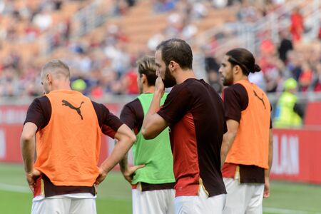 MILAN - OCT 7, 2018: Gonzalo Higuain. Warming up. AC Milan - Chievo. San Siro stadium. Serie A.のeditorial素材