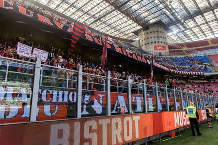 MILAN - OCT 7, 2018: South tribune (Curva Sud) with the ACMilan's ultras. Giuseppe Meazza or San Siro stadium. Serie A.のeditorial素材