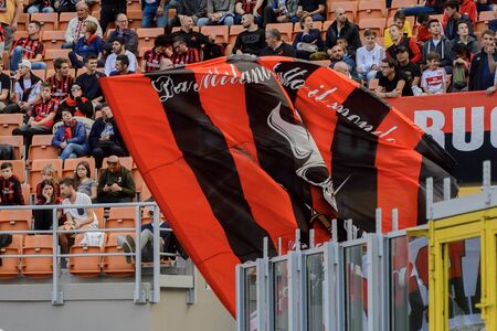 MILAN - OCT 7, 2018: Flags of supporters. Giuseppe Meazza or San Siro stadium. Serie A.のeditorial素材