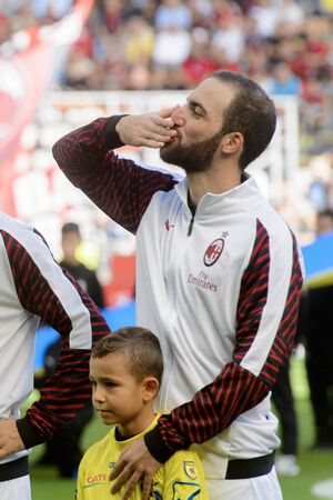 MILAN - OCT 7, 2018: Gonzalo Higuain greets the fans. AC Milan - Chievo. San Siro stadium. Serie A.のeditorial素材