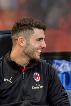MILAN - OCT 7, 2018: Patrick Cutrone smiles. ACMilan substitution. AC Milan - Chievo. San Siro stadium. Serie A.のeditorial素材