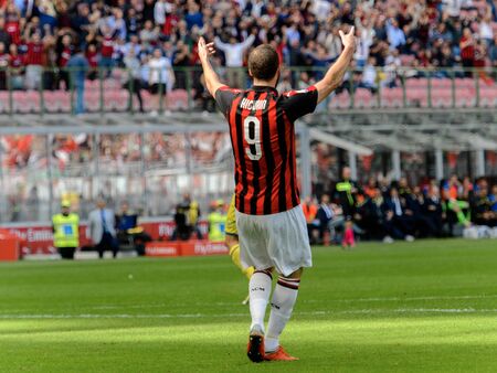 MILAN - OCT 7, 2018: Gonzalo Higuain celebrates his second goal. AC Milan - Chievo. San Siro stadium. Serie A.のeditorial素材