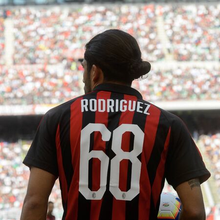 MILAN - OCT 7, 2018: Ricardo Rodriguez from behind, AC Milan - Chievo. San Siro stadium. Serie A.のeditorial素材