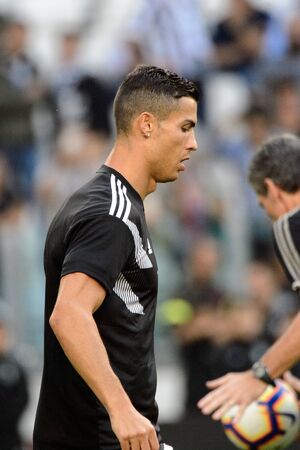 TURIN - OCT 20, 2018:  Cristiano Ronaldo warms up. Juventus F.C. - Genoa C.F.C. Alliaz Stadium. Italian league Serie A.のeditorial素材