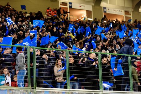 MILAN - OCT 21, 2018: Inter fans with blue papers at the San Siro stadium before the derby FC Internazionale - AC Milan.  Italian league Serie A.のeditorial素材