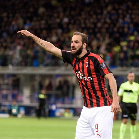 MILAN - OCT 21, 2018: Gonzalo Higuain shows where to run. FC Internazionale - AC Milan. San Siro stadium. Italian league Serie A.のeditorial素材
