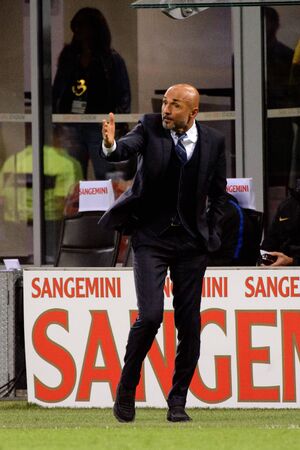 MILAN - OCT 21, 2018: Luciano Spaletti on reacts on the events on the pitch. FC Internazionale - AC Milan. San Siro stadium. Italian league Serie A.のeditorial素材