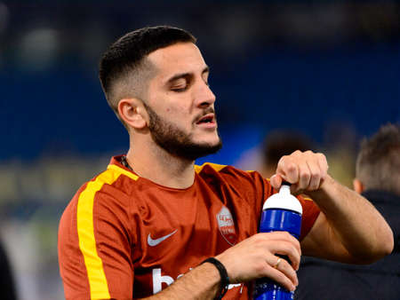 ROME - OCT 23, 2018: Kostas Manolas 44 drinks water. AS Roma - CSKA Moscow. UEFA Champions league. Matchday 4. Stadio Olimpicoのeditorial素材