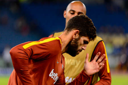ROME - OCT 23, 2018: Federico Fazio 20 close up portrait. AS Roma - CSKA Moscow. UEFA Champions league. Matchday 4. Stadio Olimpicoのeditorial素材