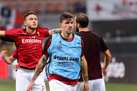 MILAN - OCT 25, 2018: Alessio Romagnoli 13 warms up. AC Milan - Betis. UEFA Europe League. Giuseppe Meazza stadium.のeditorial素材