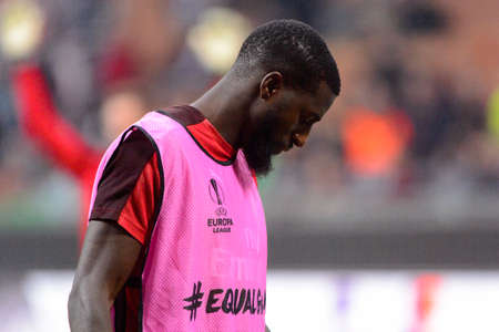 MILAN - OCT 25, 2018: Tiemoue Bakayoko 14 warms up. AC Milan - Betis. UEFA Europe League. Giuseppe Meazza stadium.のeditorial素材