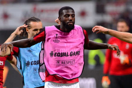 MILAN - OCT 25, 2018: Tiemoue Bakayoko 14 warms up. AC Milan - Betis. UEFA Europe League. Giuseppe Meazza stadium.のeditorial素材