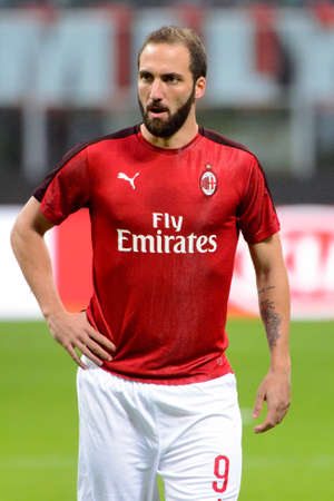 MILAN - OCT 25, 2018: Gonzalo Higuain 9 warms up. AC Milan - Betis. UEFA Europe League. Giuseppe Meazza stadium.のeditorial素材