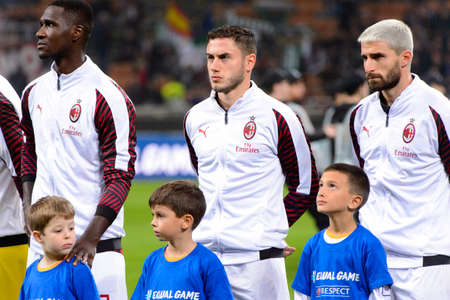 MILAN - OCT 25, 2018: Davide Calabria 2 portrait. AC Milan - Betis. UEFA Europe League. Giuseppe Meazza stadium.のeditorial素材
