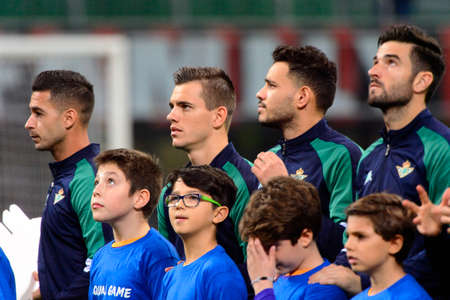 MILAN - OCT 25, 2018: Betis players listen the athem. AC Milan - Betis. UEFA Europe League. Giuseppe Meazza stadium.のeditorial素材