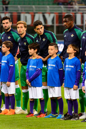 MILAN - OCT 25, 2018: Betis players listen the athem. AC Milan - Betis. UEFA Europe League. Giuseppe...