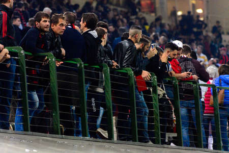 MILAN - OCT 25, 2018: The fans on the San Siro. AC Milan - Betis. UEFA Europe League. Giuseppe...