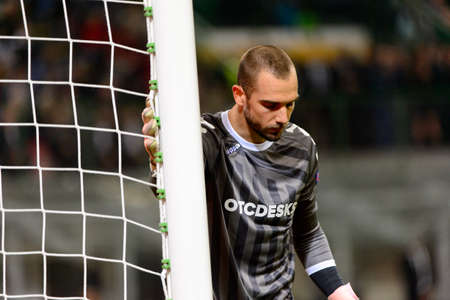 MILAN - OCT 25, 2018: Pau Lopez 13 close up portrait. AC Milan - Betis. UEFA Europe League. Giuseppe Meazza stadium.のeditorial素材